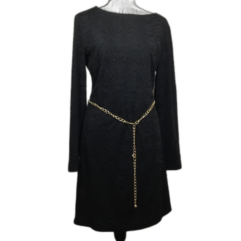 Long sleeve black dress gold tone chain belt wavy pattern size 10 knee length